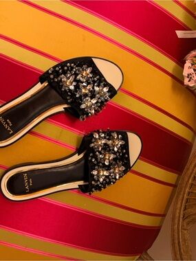 Lanvin Black Jeweled Slide Mules